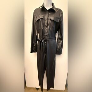 DKNY BLACK FAUX LEATHER Belted JUMPSUIT small